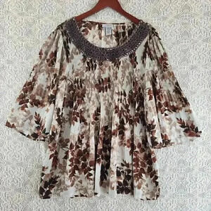 Catherines Leaves Printed Wide‎ Sleeve Pleated Blouse 14/ 16W